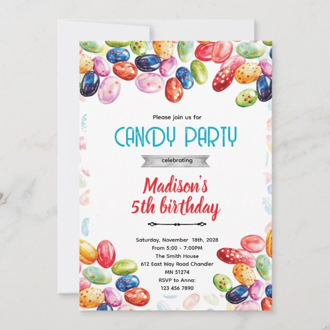invitación de tema de fiesta de jellybean lindo (Anverso)