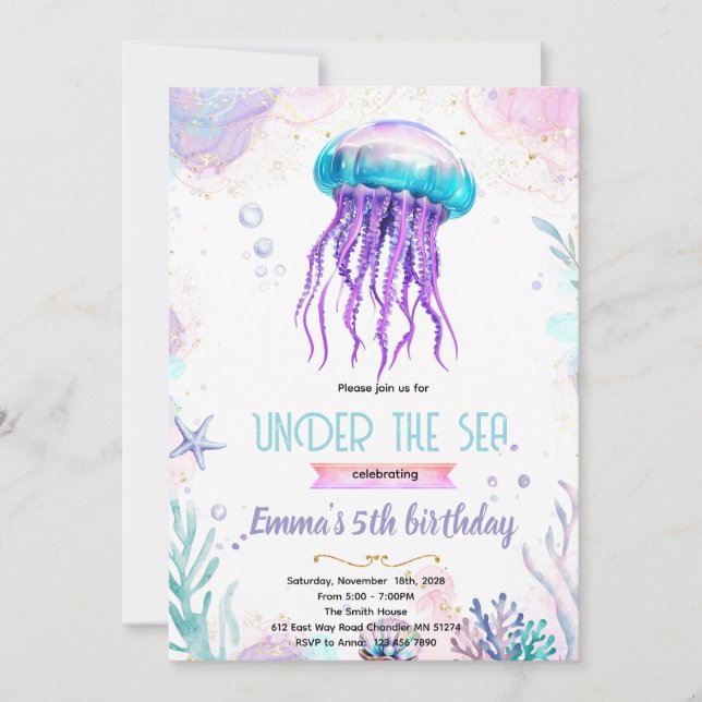 invitación de tema de fiesta de medusas lindas (Anverso)