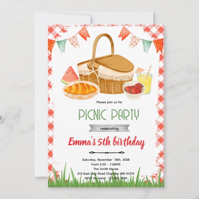 invitación de tema de fiesta de picnic lindo (Anverso)