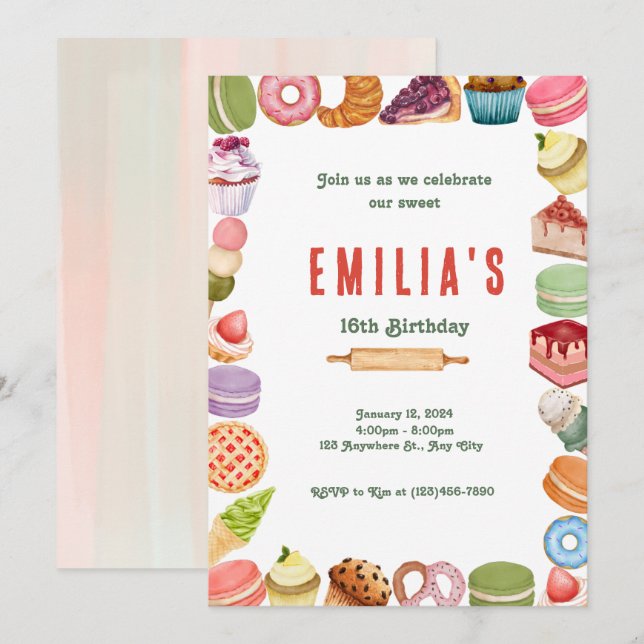 Invitación de tema de fiesta de postres para Sweet (Anverso / Reverso)