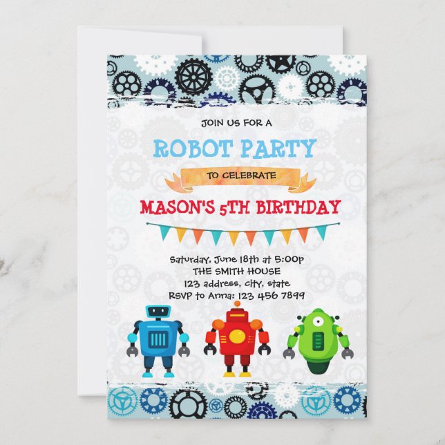 Invitación de tema de fiesta de robot lindo (Anverso)