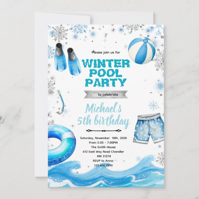invitación de tema de fiesta en piscina de inviern (Anverso)