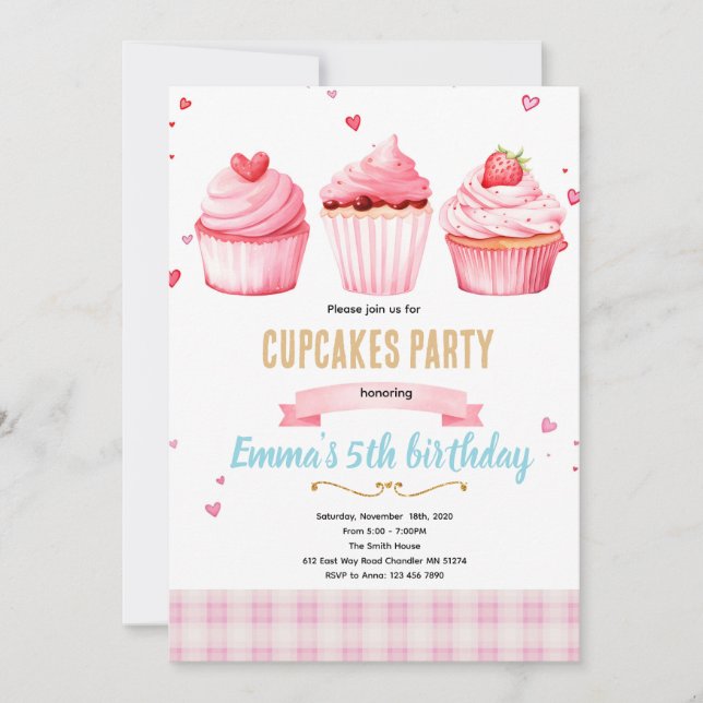 invitación de tema de fiesta rosa de magdalena (Anverso)