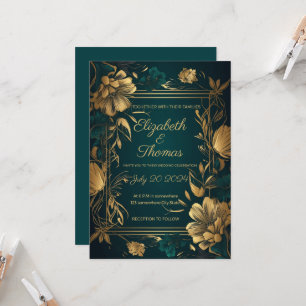 Invitación de tema de lujo dorado y verde.