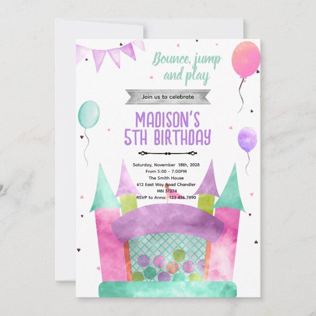 invitación de tema de niña de casa de rebote (Anverso)