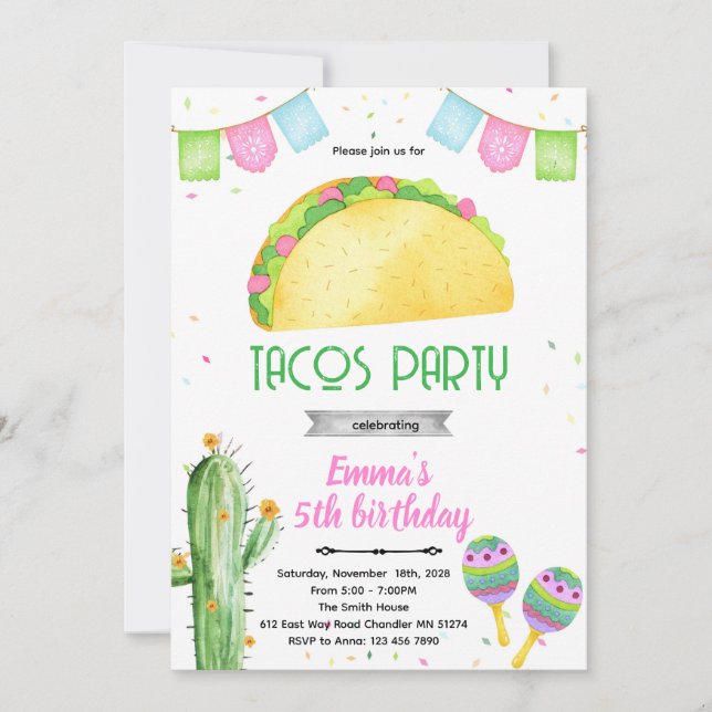 invitación de tema de niña de tacos de fiesta (Anverso)