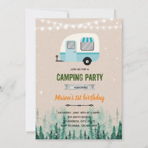 invitación de tema de niño campista feliz