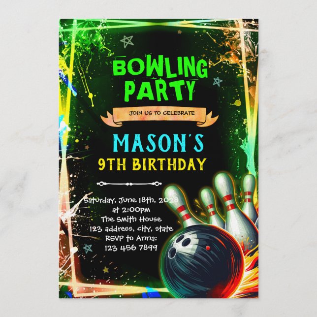 invitación de tema de niño de bolos con brillo de  (Anverso)