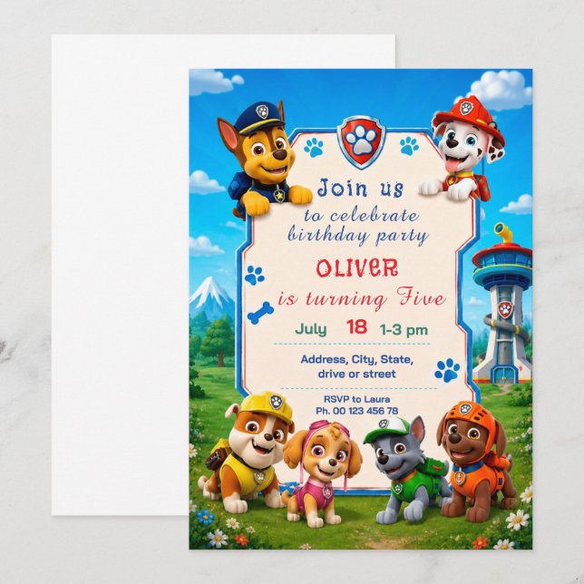 Invitación de tema de perro para niño. Fiesta para (Anverso / Reverso)