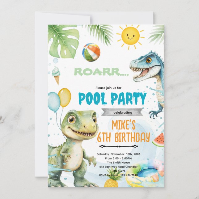 invitación de tema de piscina de dinosaurio lindo (Anverso)