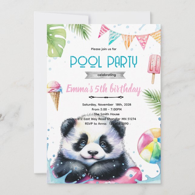 invitación de tema de piscina de panda lindo (Anverso)