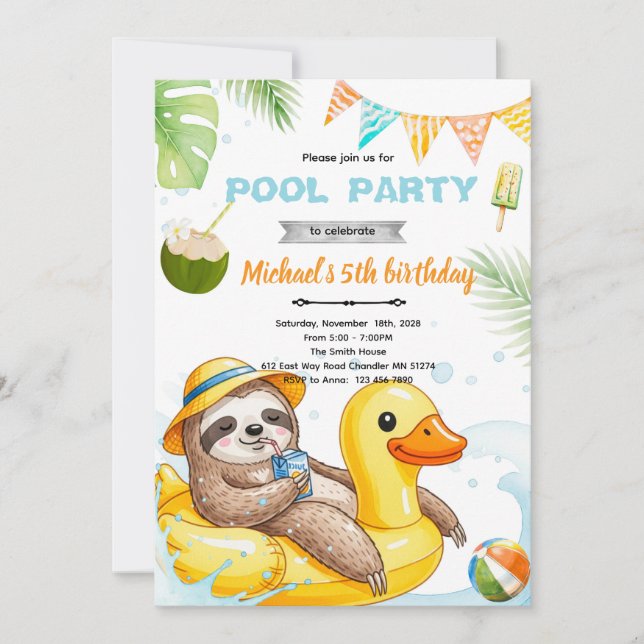 invitación de tema de piscina de perezoso lindo (Anverso)