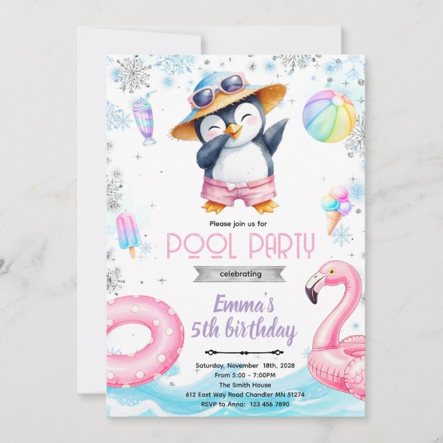 invitación de tema de piscina de pingüino de invie (Anverso)