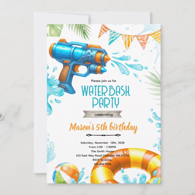 invitación de tema de pistola de agua linda (Anverso)