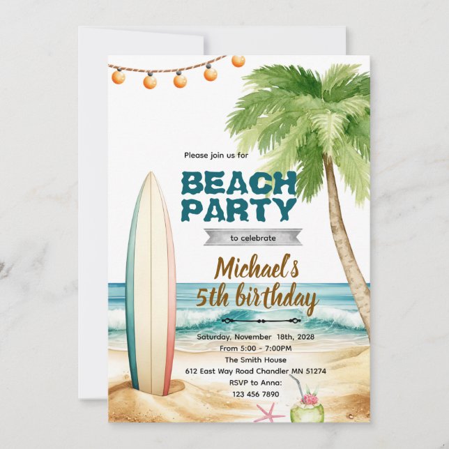 invitación de tema de surf en la playa (Anverso)