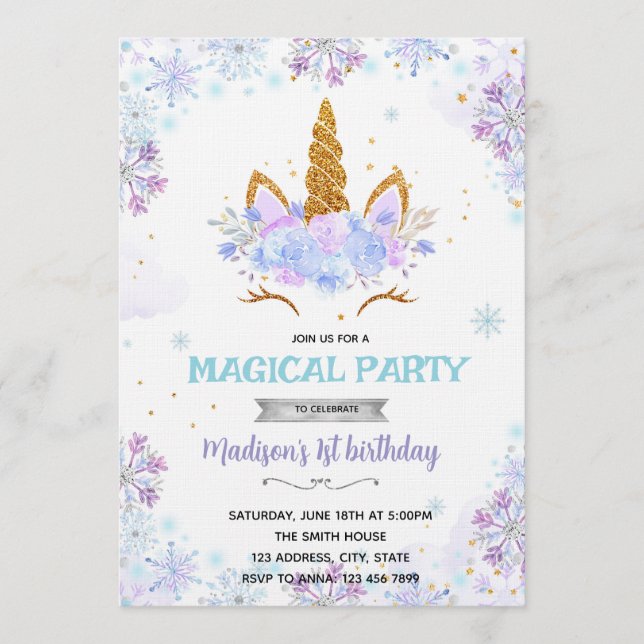 invitación de tema de unicornio de invierno (Anverso)