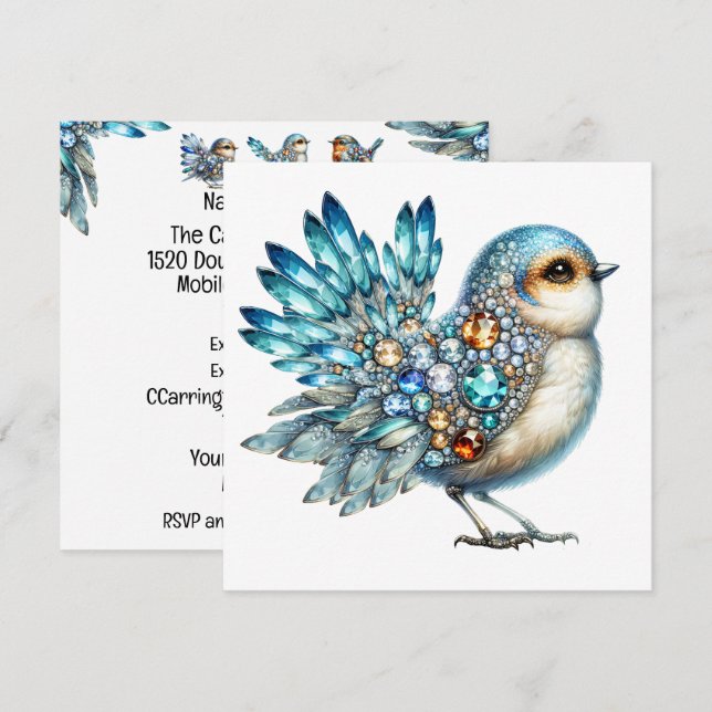 Invitación de tema Pájaros Preciosos Brillo (Anverso / Reverso)