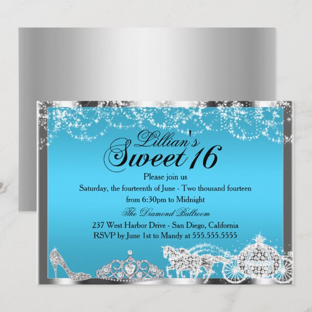 Invitación de Tema Princesa Blue Sparkle para Cump (Anverso / Reverso)