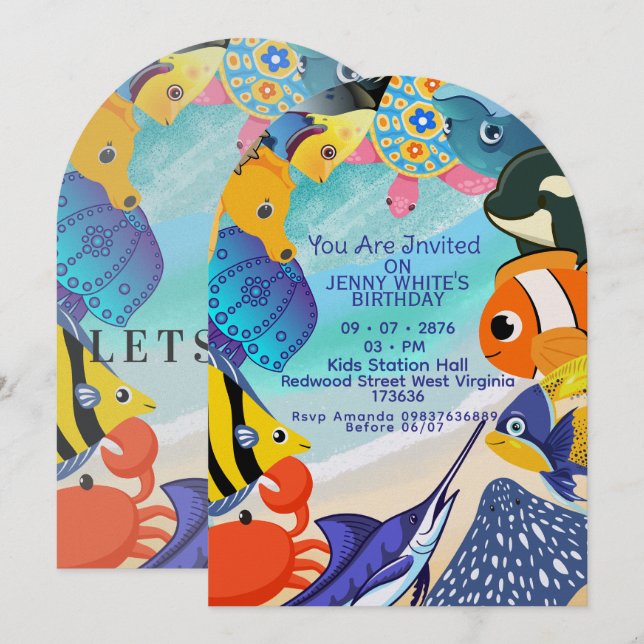Invitación de tema submarino | Invitación de peces (Anverso / Reverso)