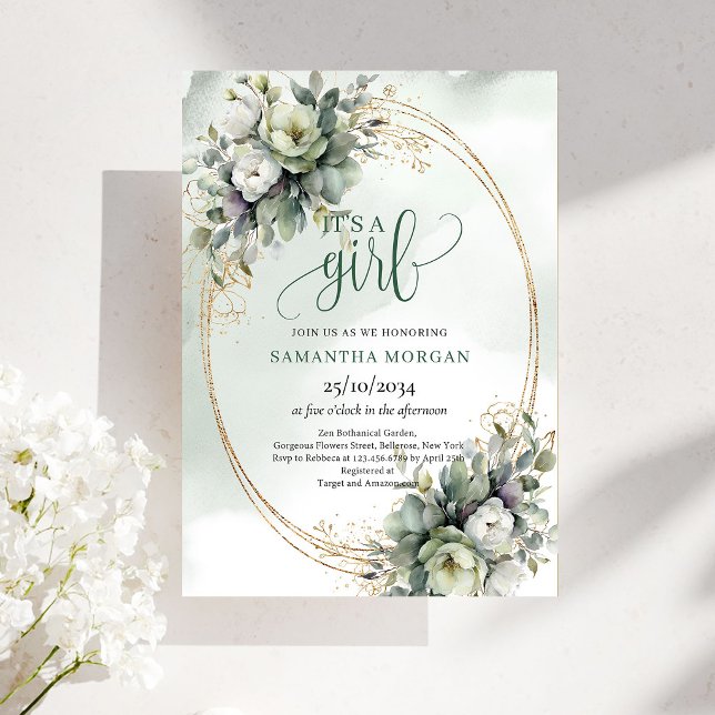 Invitación de tema verde polvoriento acuarela para (Watercolor Dusty Green Theme It’s A Girl Invitation)