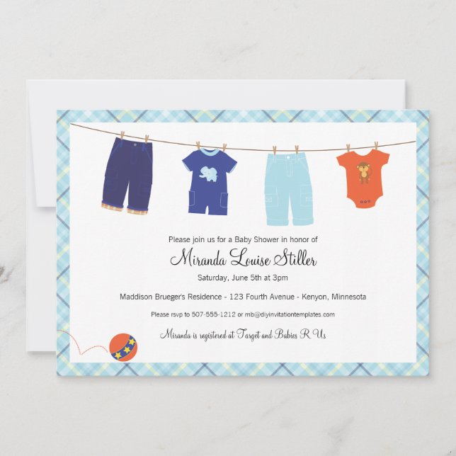 Invitación de Tendederos de Ropa de Bebé - Niño (Anverso)