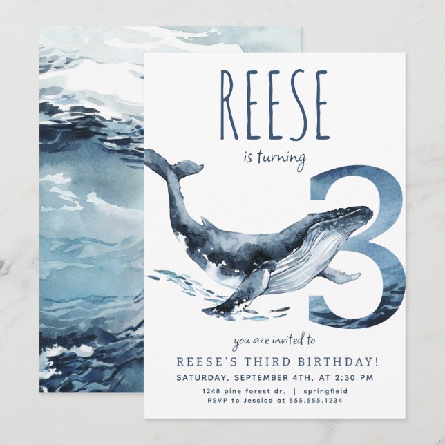 Invitación de tercer cumpleaños a ballena (Anverso / Reverso)