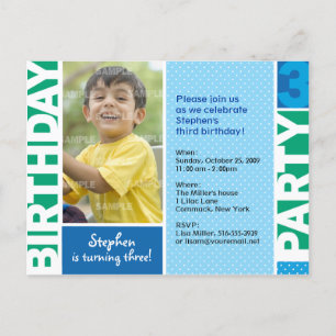 Invitación de tercer cumpleaños a Blue Green Polka