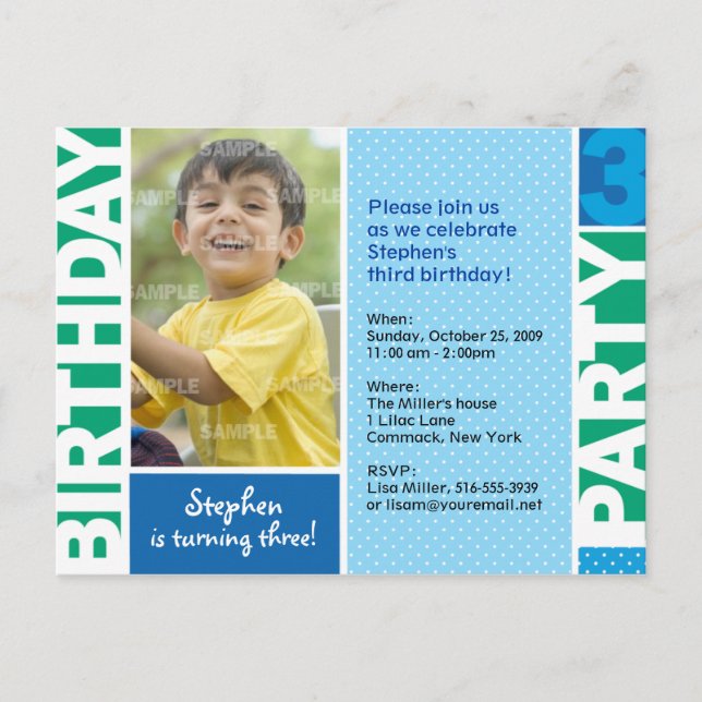 Invitación de tercer cumpleaños a Blue Green Polka (Anverso)