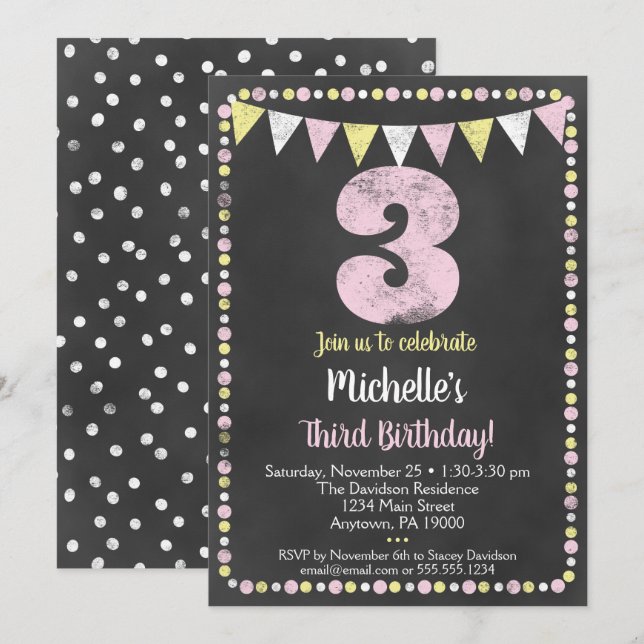 Invitación de tercer cumpleaños a Chalkboard amari (Anverso / Reverso)