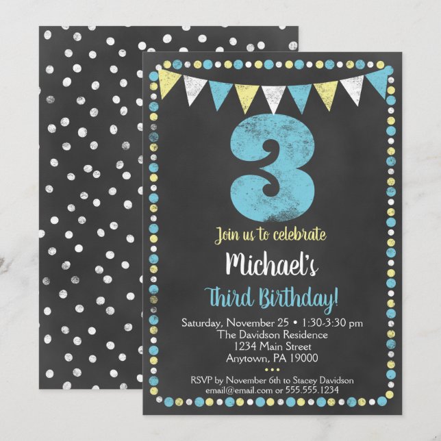 Invitación de tercer cumpleaños a Chalkboard amari (Anverso / Reverso)
