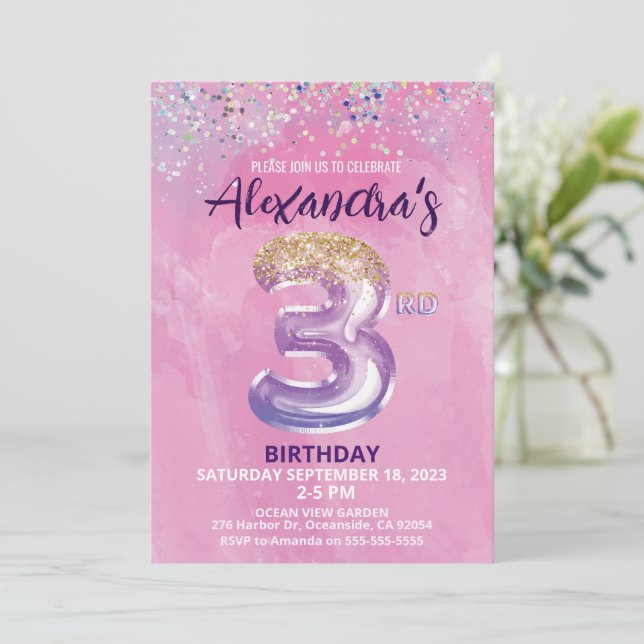Invitación de tercer cumpleaños a Chica de globo d (Anverso de pie)