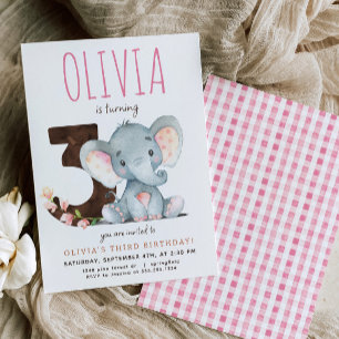 Invitación de tercer cumpleaños a Elefante Rosa