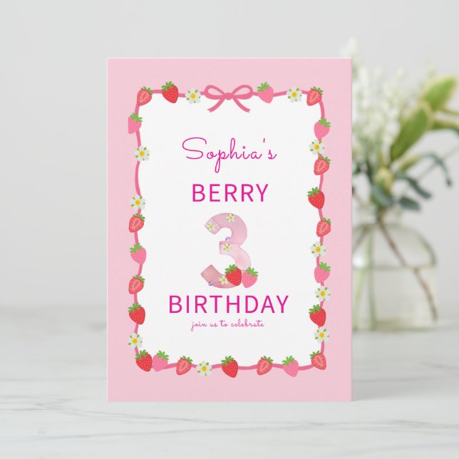 Invitación de tercer cumpleaños a la fresa dulce (Anverso de pie)