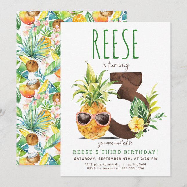 Invitación de tercer cumpleaños a la piña tropical (Anverso / Reverso)