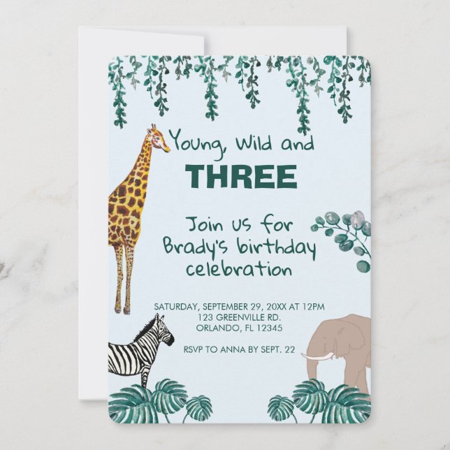 Invitación de tercer cumpleaños a Safari Jungle An (Anverso)