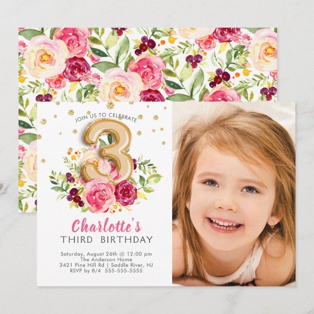 Invitación de tercer cumpleaños a un globo de Reli (Anverso / Reverso)