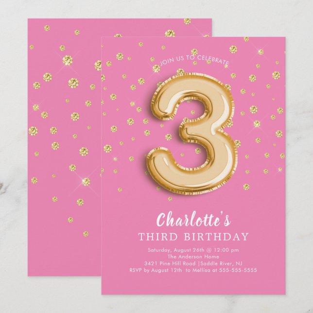 Invitación de tercer cumpleaños a un globo Relieve (Anverso / Reverso)