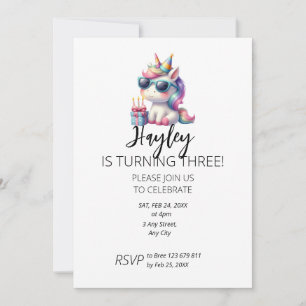 Invitación de tercer cumpleaños a Unicornio de niñ