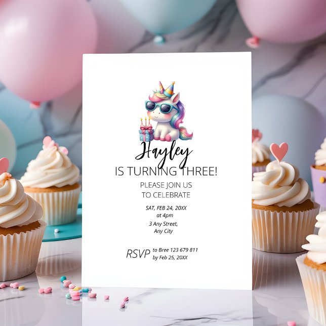 Invitación de tercer cumpleaños a Unicornio de niñ (Subido por el creador)