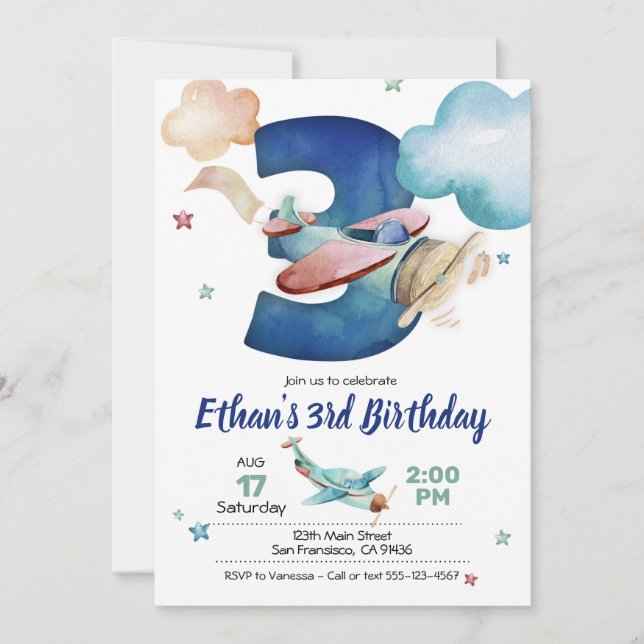 Invitación de tercer cumpleaños al avión - Tema de (Anverso)