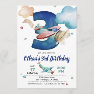 Invitación de tercer cumpleaños al avión - Tema de