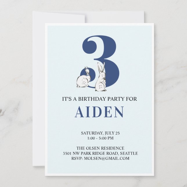 Invitación de tercer cumpleaños de Blue Bunny (Anverso)