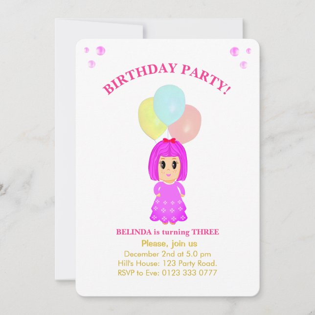 Invitación de tercer cumpleaños de Chica Cute (Anverso)