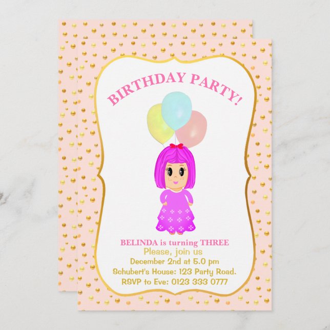 Invitación de tercer cumpleaños de Chica Cute (Anverso / Reverso)