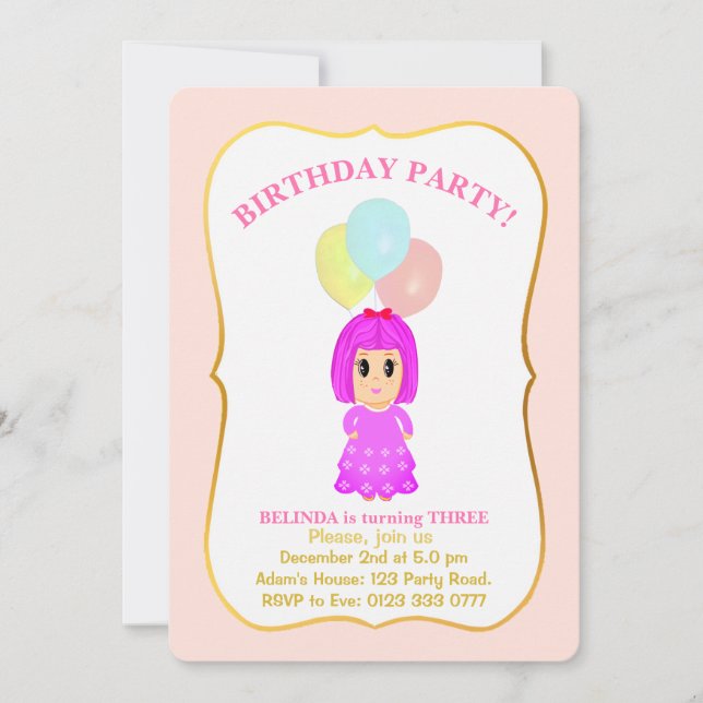 Invitación de tercer cumpleaños de Chica Cute (Anverso)