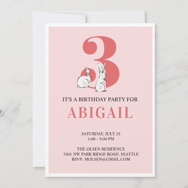 Invitación de tercer cumpleaños de conejo rosa (Anverso)