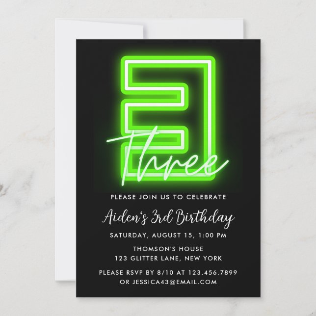 Invitación de tercer cumpleaños de Neon Green (Anverso)