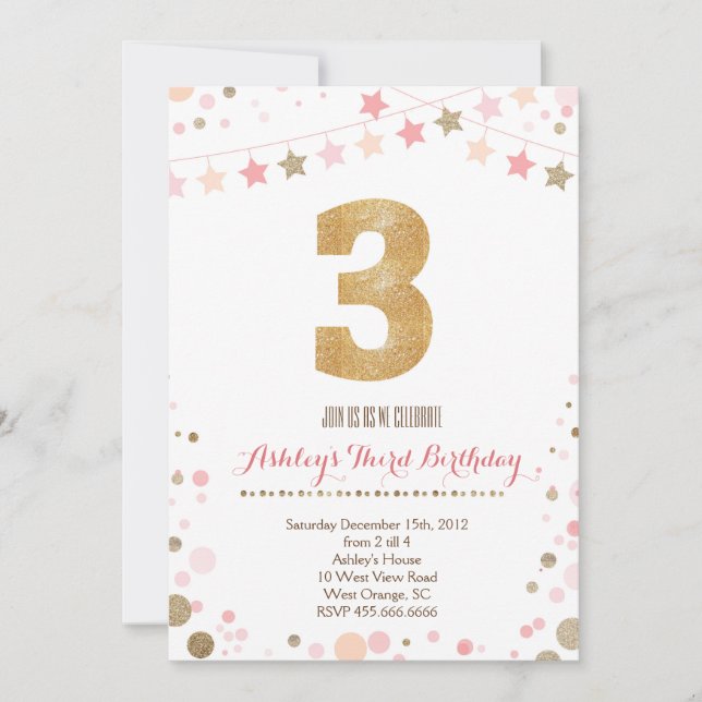 Invitación de tercer cumpleaños de Purpurina de or (Anverso)