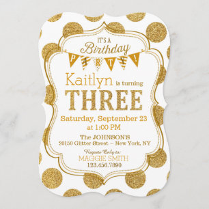 Invitación de tercer cumpleaños de Purpurina Gold 
