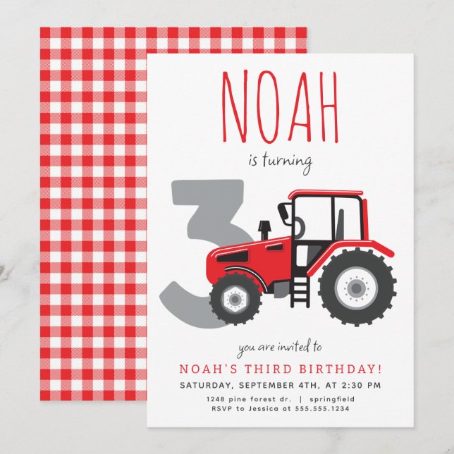 Invitación de tercer cumpleaños de Red Tractor (Anverso / Reverso)